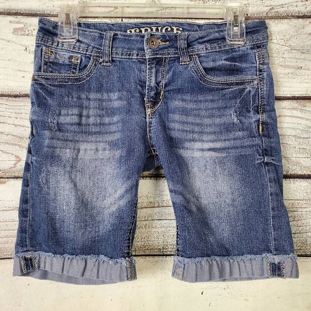 Truce Women’s Denim Bermuda Shorts Size 7 Mid Rise Blue Embellished Pockets